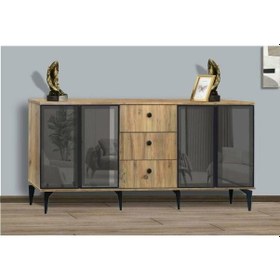 Resim 4 Kapılı 3 Çekmeceli Aynasız Çam Akabe Reflekte Camlı Konsol Çam 