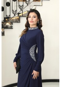 Resim Raika Moda Taş Detaylı Lavinni Tesettür Abiye Elbise Lacivert 