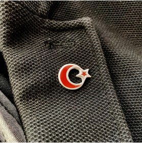 Resim Sima Silver Gümüş Ayyıldız Türk Bayraklı Kırmızı Mineli Erkek Rozet Yaka Iğnesi 