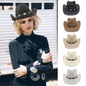 Resim İlkbahar/Yaz Unisex Metal Tokalı Saman Batı Kovboy Şapkası Güneşlik Geniş Kenarlı Panama Hasır Binicilik Güneş Şapkası 