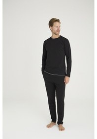 Resim Kly Erkek Midi Yaka %100 Pamuklu 4 Mevsim Uzun Kollu Şerit Detaylı Pijama Takım Siyah 
