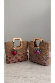 Resim WOMANBAG EL YAPIMI HASIR PEMBE GÜL İŞLEMELİ EL ÇANTASI PLAJ ÇANTASI (38x35cm) 