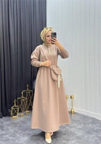 Resim Neşeli Butik kadın bej gold düğmeli çanta detaylı tam boy tesettür elbise NMS077 