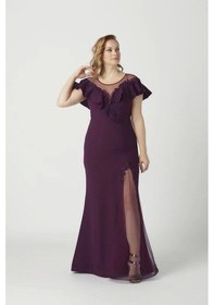 Resim Moda Berray 21923 Mürdüm Yırtmaçlı Işlemeli Şık Büyük Beden Abiye Elbise Mürdüm 