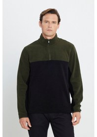 Resim AC&Co / Altınyıldız Classics Erkek HAKI-SIYAH Anti-Pilling Tüylenme Yapmayan Standart Fit Bato Yaka İçi Polarlı Polar Sweatshirt 4A5221100015HSYXL 