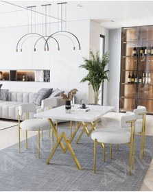 Resim Avvio Mat Gold Teddy Sandalye 80x120 Yemek Masası Mutfak Masası 4 Kişilik Masa Sandalye Takımı Beyaz 