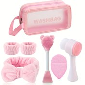 Resim 7 parça yüz temizleme seti, derinlemesine temizlik güzellik spa maske fırçası seti, yumuşak kadife saç bandı ve saç lastiği seti, nazik peeling fırçası, silikon hassas yüz fırçası, yıkama çantasıyla taşınabilir açık bej bakım aracı, kadınlar için uygun, Sevgililer Günü için ideal hediye, tatil hediyesi, kokusuz, güç/pil gerektirmez Anneler Günü için Hediye 