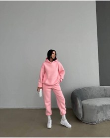 Resim Baskısız Eşofman Takımı Sweatshirt Jogger - Pembe Oversize Şardonlu Kapüşonlu Pembe 