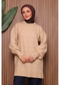 Resim Balenbi Kare Dokulu Oversize Yumoş Tesettür Triko Tunik 7012 Bej 
