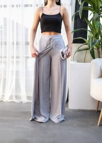 Resim Nova Bazaar Keten Önü Çapraz Parçali Lasti Kli Ve Bağcikli Geni Ş Paça Pantolon Gri 