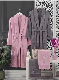 Resim Aile Kadın Erkek Havlulu Bornoz Takımı Gri - Pembe 4 Parça 