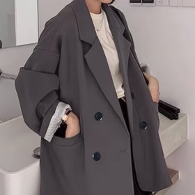 Resim Kadınlar İçin Şık Kore Tarzı Büyük Boy Blazer - Çift Düğmeli Ön, H-Silüet, Her Mevsim Kullanıma Uygun Günlük ve Resmi Kıyafet, Düz Renk, Kemer Gerekmez, Uzun Kollu 