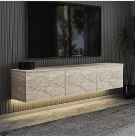 Resim Neon LED Işıklı Duvara Monte, 3 Kapaklı TV Sehpası - 160 cm - Modern Tasarım, Traverten Desen 
