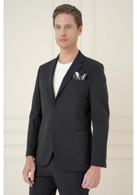 Resim Slim Fit Torba Cep Esnek Spandex Karışımlı Düz Siyah Blazer Ceket C 696 Siyah 