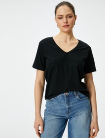 Resim V Yaka Basic Tişört Kısa Kollu Pamuklu 