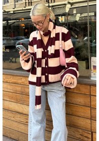 Resim Madmext Bordo Çizigli Atkılı Kadın Triko Hırka Mg2588 Bordo 