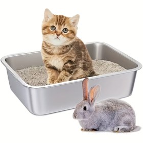 Resim 1 adet Büyük Kapasiteli, Geniş Paslanmaz Çelik Kedi Kumu Kutusu, Kalınlaştırılmış Kedi Tuvaleti, Dayanıklı ve Çizilmeye Karşı Dayanıklı, Uçan Kum ve Taşlar ile Umutsuz Olmayın, Kedinin Beslenme Alışkanlıklarına Uygun (S, M, L) 