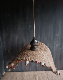 Resim Hasır Avize - Metal Şapkalı, Boncuklu - El Yapımı Tasarım - Dekoratif Aydınlatma Hasır 