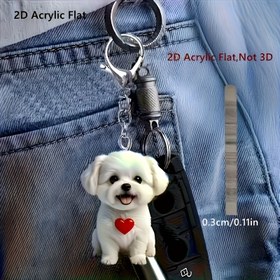 Resim 2D Düz Akrilik Anahtarlık - Kırmızı Kalp Tasarımı ile Sevimli Maltese Köpek, Dayanıklı Karides Tokası, Sırt Çantaları ve Hediyeler için Mükemmel, Sevgililer Günü, Doğum Günleri ve Partiler için İdeal, 0.3cm/0.11in, Şenlik Anahtarlık | Canlı Köpek Tasarımı | Dayanıklı Akrilik, Köpek Aksesuarları 