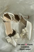 Resim LİNEER Kadın Sedef Kırık Beyaz 7 Cm Topuklu Fiyonklu Stiletto Gelin Ayakkabısı 