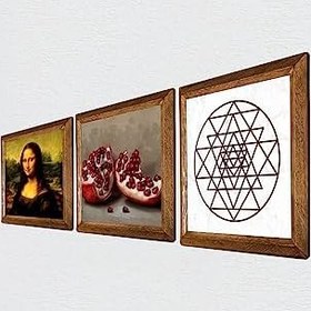 Resim Pinecone Sri Yantra, Leonardo da Vinci Mona Lisa, Nar Taş Duvar Tablosu - Ahşap Çerçeveli Taş Tablo - 25x25 cm - 3 Parça Set - Dekoratif Duvar Sanatı - Modern Ev ve Ofis Duvar Dekoru W3-1423 