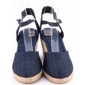 Resim Star Tombis Gerçek Elişi Topuğu Açık Bilekten Bantlı Dolgu Topuk Kot Mavi Keten Hasır Espadril Handmade Koyu Mavi 