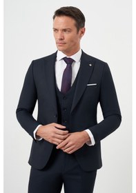 Resim Morven Erkek Lacivert Poliviskon Basic Yelekli Jakar Desen Slim Fit Sivri Yaka Takım Elbise Lacivert 