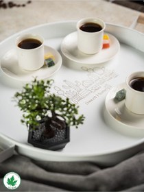 Resim Lin Metal 37cm Yuvarlak Tepsi Ahşap Kulplu Kaktüs Baskılı - Beyaz 