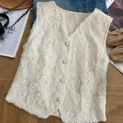 Resim Kadınlar için şık V-Neck kolsuz blazer - Şık Gül Süslemeli Düğmeli Yelek, Bej Renkli Hafif Yazlık Ceket, Günlük veya Ofis Giyim için Mükemmel, Bayanlar Blazerleri 
