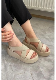Resim Kadın Mokka Bej Lastik Detaylı Dolgu Tabanlı Sandalet Bej 