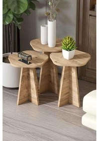 Resim Reyo Falez Zigon Sehpa Dekoratif 3'lü Çok Amaçlı Yan Sehpa Çiçek Formlu Çam Çam 