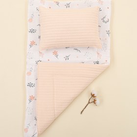 Resim Alt Açma Matı ve Yastık - Çift Taraflı - Somon Örgü - Yeşil Çiçekler 