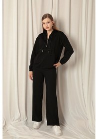 Resim Saklımoda Modal Kumaş Fermuarlı Kadın Siyah Sweatli Takım Çok Renkli 