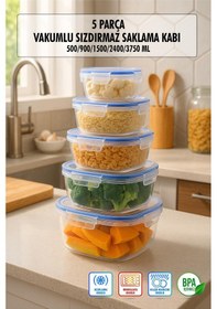 Resim Kare 5 Parça Contalı Vakumlu Sızdırmaz Hava Almaz Saklama Kabı Seti 3750/2400/1500/900/500 Ml Şeffaf 