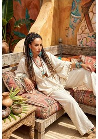 Resim Kalın Denizci Halat Kemerli Ponponlu Geniş İspanyol Flair Kol Doğal Keten Bohem Kaftan Kimono Ekru 