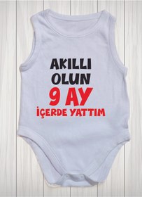 Resim SPACE DRESS Akıllı Olun 9 Ay Içerde Yattım Baskılı Pamuk Bebek Zıbını 