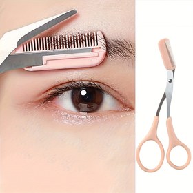 Resim Pembe Kaş Alma Makası - Dahili Taraklı Paslanmaz Çelik, Mükemmel Kaşlar İçin Hassas Bakım Aracı 