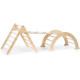Resim Foldable Mountain Triangle & Rainbow Arch Climbing Set in Natural Finish - Cloud/Slide Ramp 