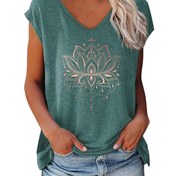 Resim Lotus Desenli V Yaka T-Shirt, Bahar ve Yaz İçin Rahat Kısa Kollu T-Shirt, Kadın Giyim 