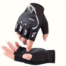 Resim 2 adet Siyah Yarım Parmak Bisiklet Eldiveni - Anti-Slip ve Anti-Drop Tasarımı ile Nefes Alabilen File, Sporlar, Motosiklet Sürme ve Açık Hava Aktiviteleri için Ergonomik Uyum, Bahar ve Yaz Dokusu Eldivenler, Motosiklet Sürme Ekipmanı, Şık Eldiven Tasarımı 