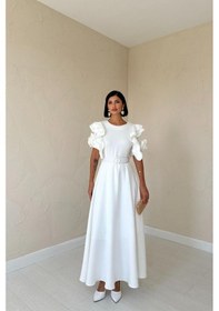 Resim Beyaz Kolları Volanlı Kemerli Elbise Beyaz 