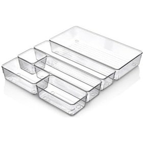 Resim 6&apos Lı Şeffaf Çekmece Düzenleyici Seti Plastik Organizer Kutular Makyaj, Ofis, Mutfak Ve Banyo Düzeni İçin 6 Farklı Boyda Şeffaf Kutu Açık Gri 