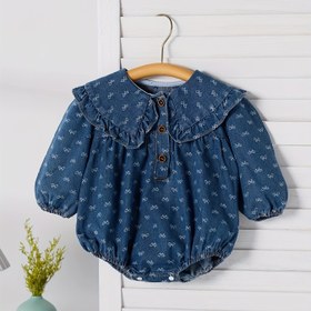 Resim Kız Çocuk Vintage kot Tulum, Kurdele Detaylı Uzun Kollu, Pamuk Örgü Kumaş, Normal Kalıp, Rastgele Desen, İlkbahar/Sonbahar Sezonu - Bebek Kız Rahat Tulum, Açık Hava İçin 