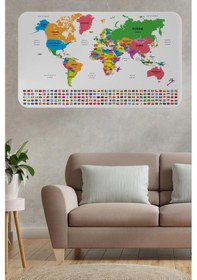 Resim Ülke Bayrak Lı Eğitici Başkent Detaylı Atlası Dünya Haritası Duvar Sticker -60x105-3833 Renkli 