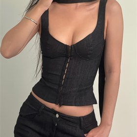 Resim Şık Siyah Kolsuz Korset Üst - İnce Askılı, Esnek Naylon ve Polyester Karışımı, Makinede Yıkanabilir, İlkbahar/Yaz/Sonbahar Günlük veya Resmi Giysiler İçin Mükemmel, Fermuarlı Önü | Şık Gündelik Üst | Naylon Elastan Karışım 