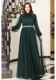 Resim Raika Moda Alia Şık Taş Detaylı Büyük Beden Tesettür Abiye - Alya Zümrüt 