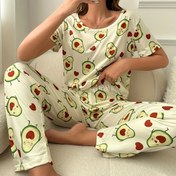Resim Kadınlar İçin Sevimli Avokado Kalp Desenli Pijama Takımı - Kısa Kollu & Uzun Pantolon, Yumuşak Polyester Karışımı, Makinede Yıkanabilir Uyku Giysisi 