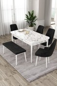 Resim Canisa Eta Serisi 80x132 Mdf Beyaz Mermer Desenli Masa 4 Siyah Sandalye 1 Bench Mutfak Masası Takımı 