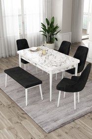 Resim Canisa Eta Serisi 80x132 Mdf Beyaz Mermer Desenli Masa 4 Siyah Sandalye 1 Bench Mutfak Masası Takımı 