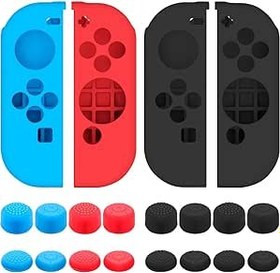 Resim Protective Case Compatible with Nintendo Switch Joy-Con Controller with Thumb Caps, SENHAI 2 Pack Anti-Slip Silicone Grips Covers with 16 Thumb Stick Pads - Black, Blue + Red 